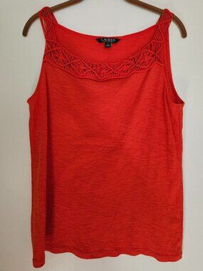 LAUREN Ralph Lauren Sleeveless Tank Top Macrame Detail Coral Orange Large